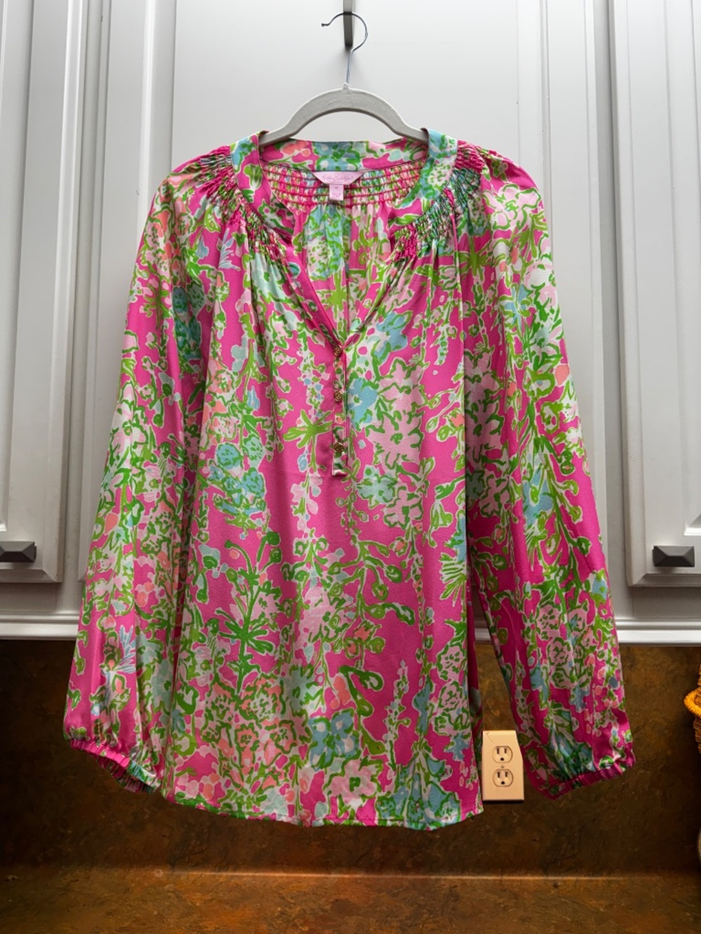Lily Pultizer Silk Long Sleeve Pink & Green Blouse